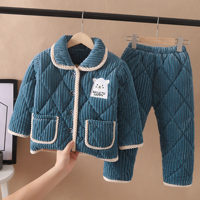 winter three-layer quilted boys‘ and girls‘ fleece-lined thickened children‘s pajamas boys‘ and girls‘ flannel homewear