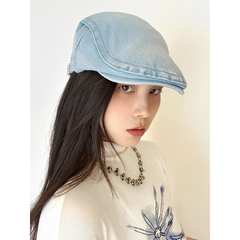 复古牛仔前进帽女春秋百搭反戴鸭舌贝雷帽大头围夏季英伦报童帽子|undefined