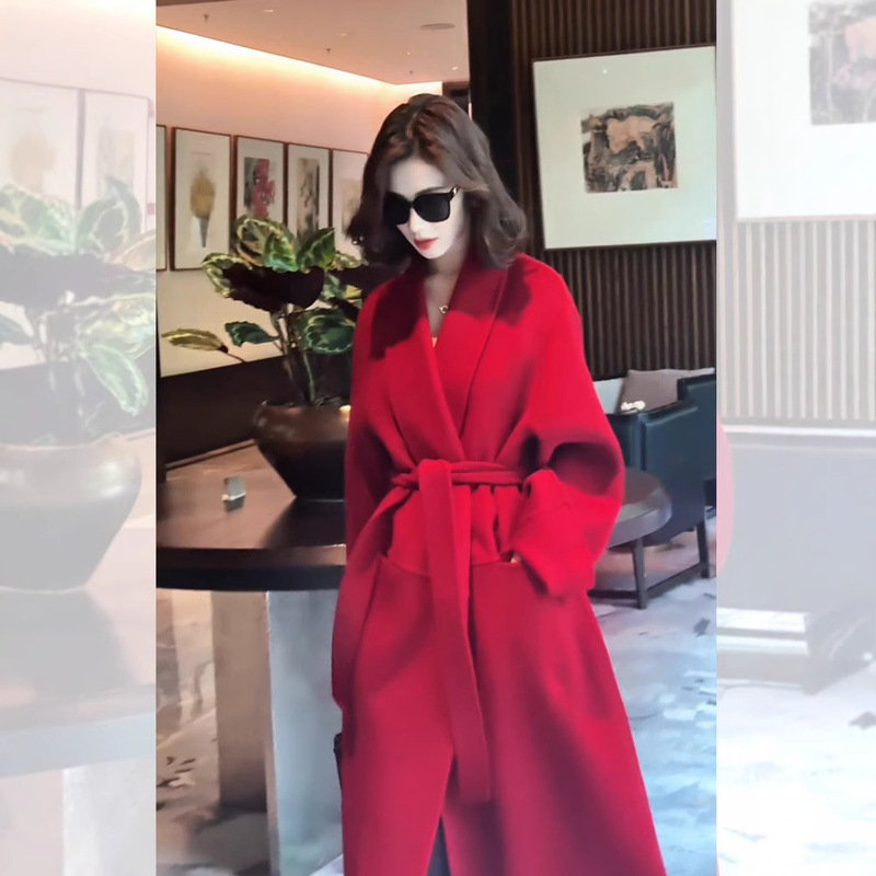Red Double-Sided Woolen Coat for Women, 2026 Autumn and Winter New Style, Extended Length Woolen Coat for Weddings