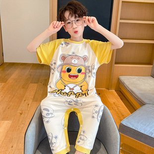 Children's One-Piece Pajamas Summer Short-Sleeved Thin Boys' Air-Conditioned Clothes Boy Baby One-Piece Anti-Kick Cartoon Home Clothes