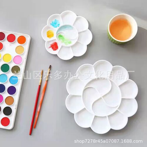 Factory-Wholesale Plum Blossom Color Palette, 10-Compartment Ceramic-Look Paint Board – White Watercolor & Gouache Art Painting, Mixing Box, and Coloring Supplies