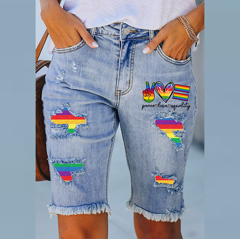 European and American Cross-Border Temu In-Stock Elastic Hot-Selling Women's Printed Ripped Denim Shorts with Frayed Edges