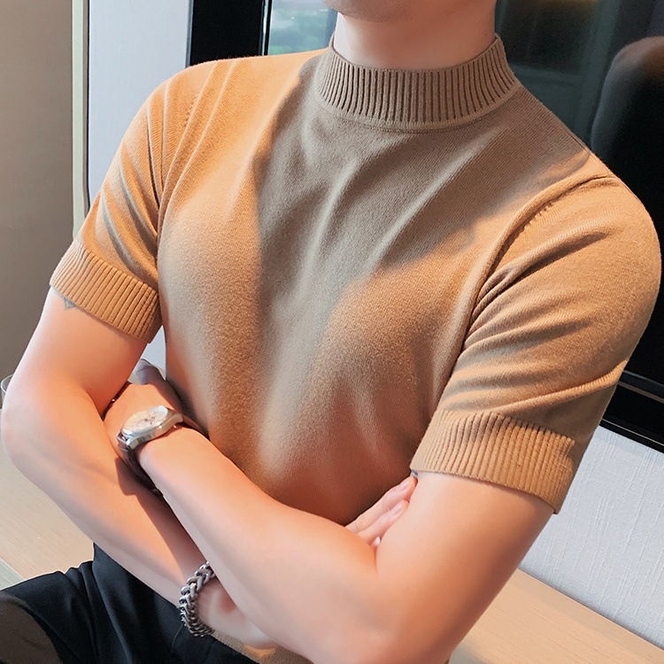 Scissors Rock Men's High Neck Sweater Autumn and Winter Inner Wear Short Sleeve Knit Sweater Men's Slim Fit Medium Neck Solid Color Knit Sweater