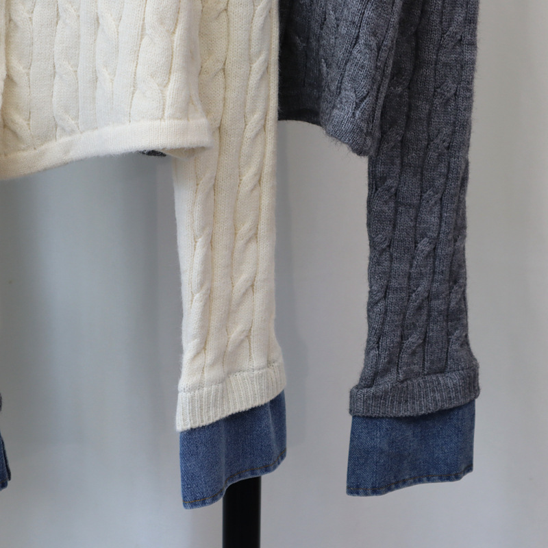 Vêtements pour femmes Cardigan tricoté en denim épissé en deux pièces automne et hiver nouvelle veste pull tempérament design chic_voghion.com