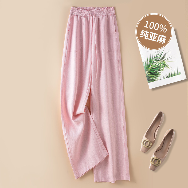 ピュアリネンワイドレッグパンツ2025新しい薄いリネンドレープハイウエスト9ポイントスリムカジュアルストレートレッグパンツ女性用