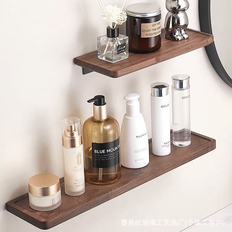 No-drill walnut wood bathroom shelf, solid wood wall-mounted storage shelf for toilet and restroom
