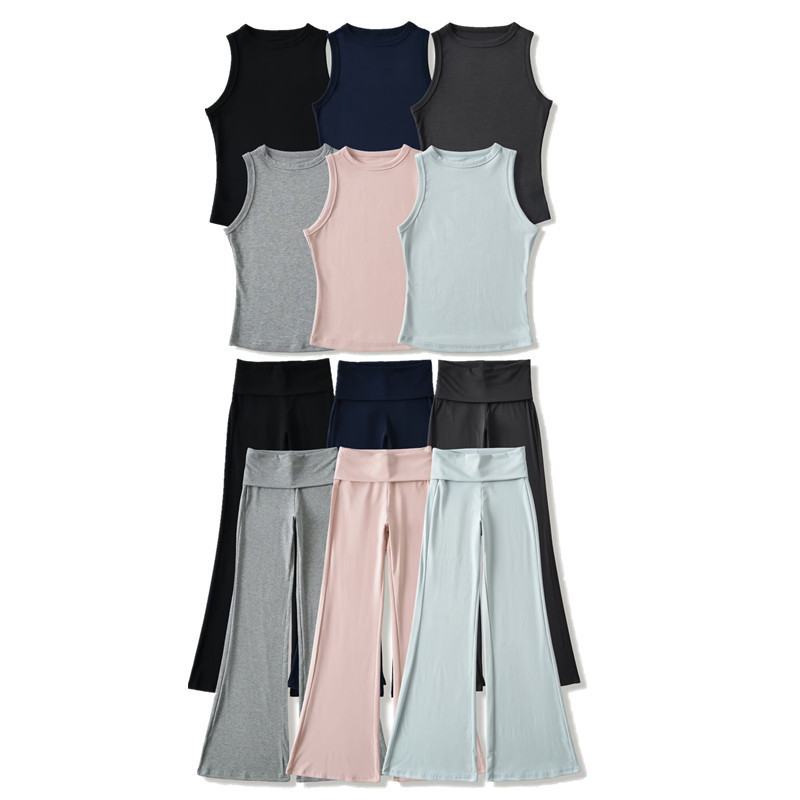 2026 Round Neck Elastic Slim Fit Sleeveless Sports Vest with Draped Waistband Yoga Micro-Flared Long Pants Set for Women Summer 2026 Round Neck Elastic Slim Fit Sleeveless Sports Vest with Draped Waistband Yoga Micro-Flared Long Pants Set for Women Summer