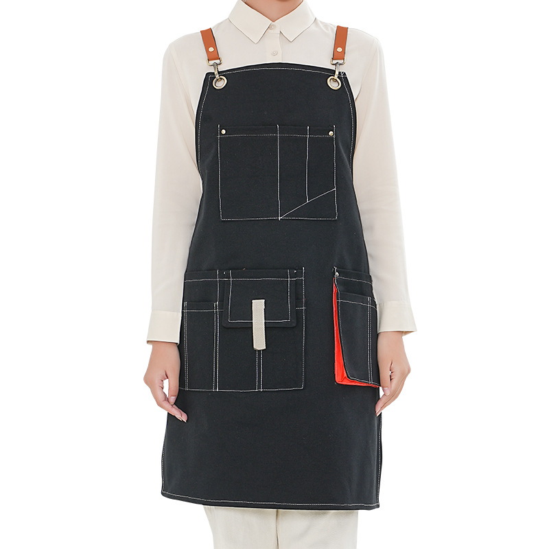 Amazon grueso delantal de lona cinturón de cinta opcional multi-Bolsillo cafetería Barber monos delantal por mayor