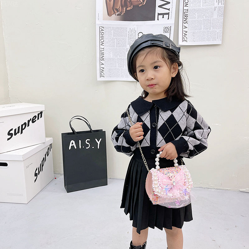 Bolso infantil Pearl 2025, nuevo estilo, bolso de hombro de lana, lindo bolso cruzado estilo Chanel para niñas, bolso de cadena para niñas