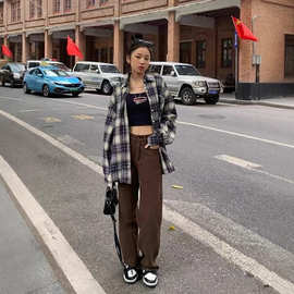 美式复古慵懒感格纹衬衫女春秋新款宽松休闲百搭显瘦长袖衬衣外套