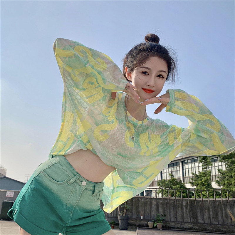 夏季薄款设计感冰丝长袖t恤女宽松防晒衣网纱打底衫外穿上衣女装|undefined