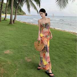 海边复古莫奈油画色彩吊带连衣裙女夏小个子修身裙图片色