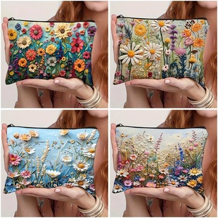 Amazon Cross-Border Polyester Linen 2D Digital Printing Imitation Embroidered Floral Canvas Cosmetic Bag Flower Decoration