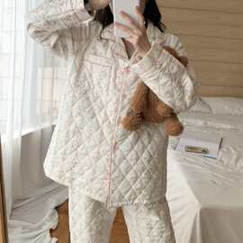 韩国ins女士秋冬韩系温柔花色简约舒适夹棉睡衣套装休闲家居服女