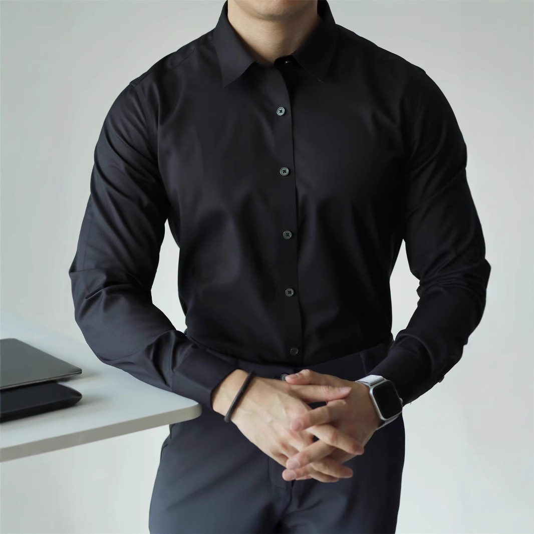 Abbigliamento da uomo, non stirabile, tinta unita, tecnologia nera a tre strati, senza cuciture, in fibra di bambù, a maniche lunghe, per il tempo libero, per lavoro, vestibilità comoda e aderente._voghion.com