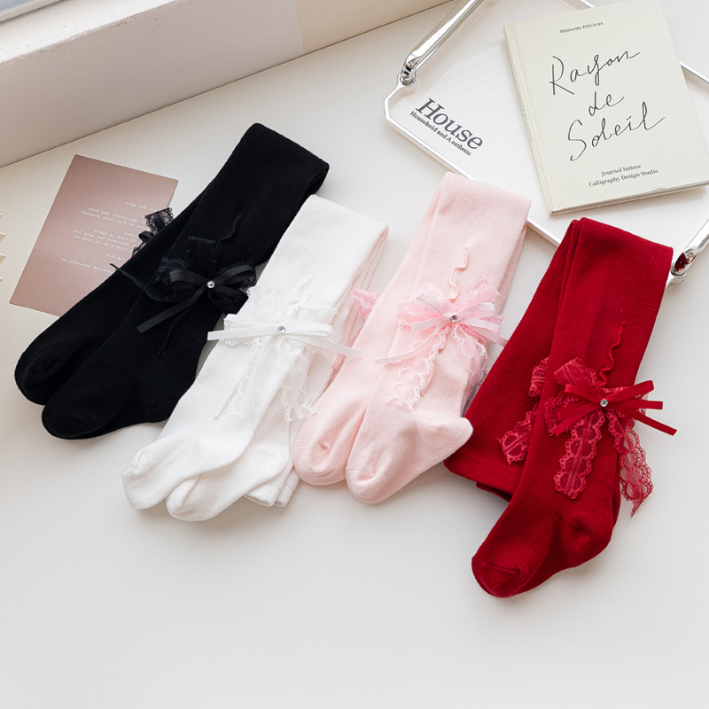 2024 otoño nuevo estilo coreano niñas brillante diamante doble arco pantimedias leggings Lolita princesa estilo pantimedias