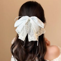 フレッシュメッシュレースリボンパールヘアピンスーパーフェアリードットストライプシフォンポニーテールクリップ高価値女性用グリッパー