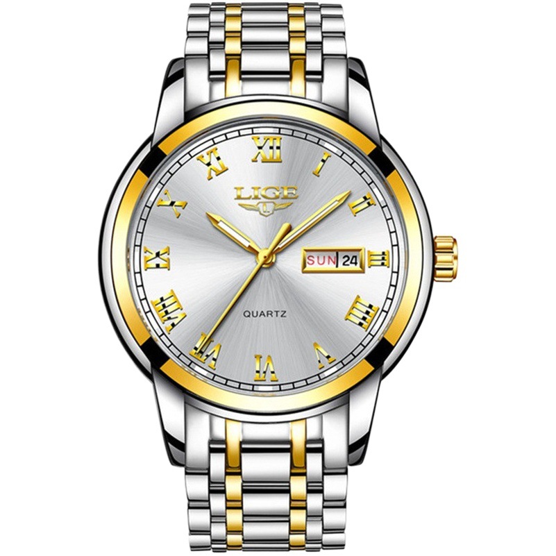 LIGE 9846-Semana banda de acero disco reloj de negocios elegante personalidad calendario hombres reloj casual transfronterizo