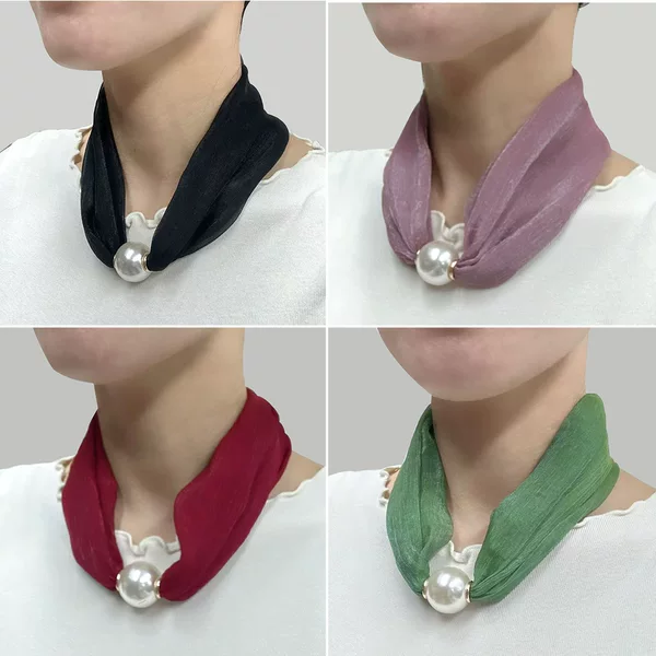 Silk Scarf 2025 New Pearl Magnet Buckle Pendant Necklace Double-Sided Double-Layer Versatile Lazy Small Scarf