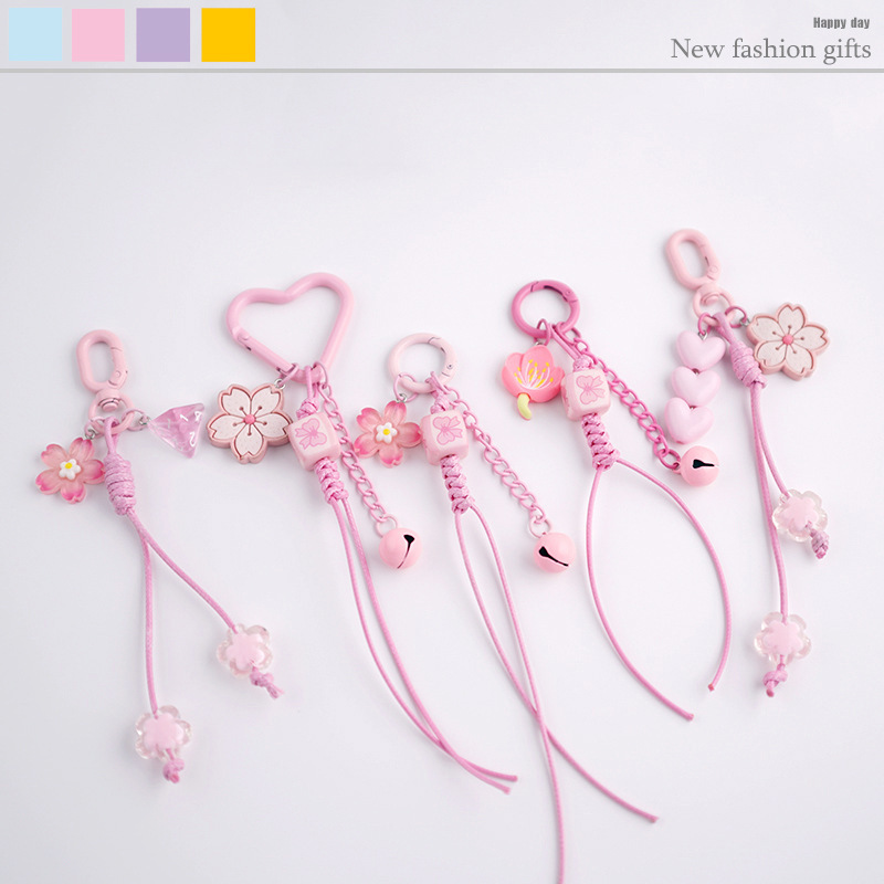 Sweet Girl Pink Sakura Woven Rope Bag Pendant Keychain Student Schoolbag Pendant Gift Car Accessories