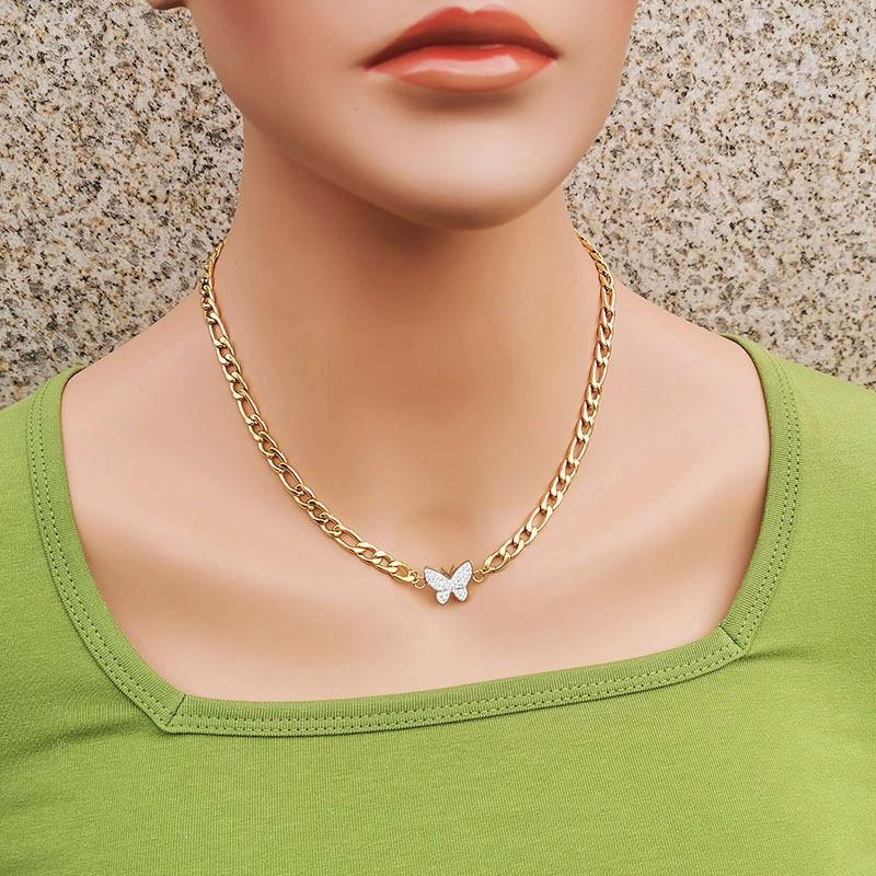 Fashion Butterfly Titanium Steel Inlay Inlaid Gold Artificial Gemstones Necklace 1 Piece