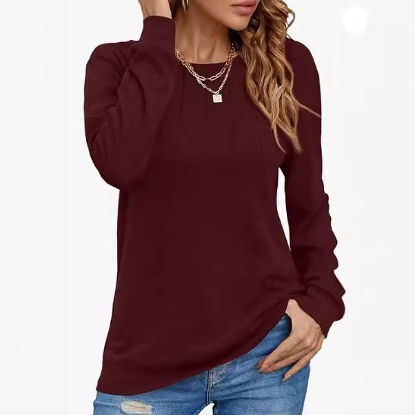 2023 Amazon European and American Foreign Trade Cross-Border Women's Autumn and Winter Long-Sleeved Round-Neck Solid Color Women's Tops 2023 New Style