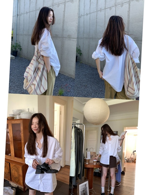 纯棉白色长袖衬衫女韩系通勤宽松廓形慵懒风百搭休闲气质衬衣上衣|undefined