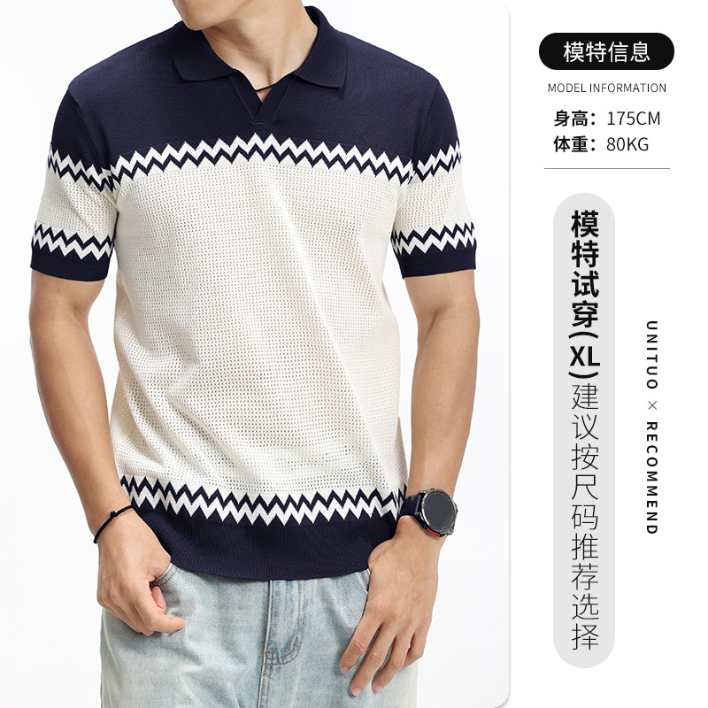 Verano hombre Paul rayas de punto gaviota cuello hielo seda polo camiseta de manga corta hombre casual de alto nivel con solapa ropa de hombre