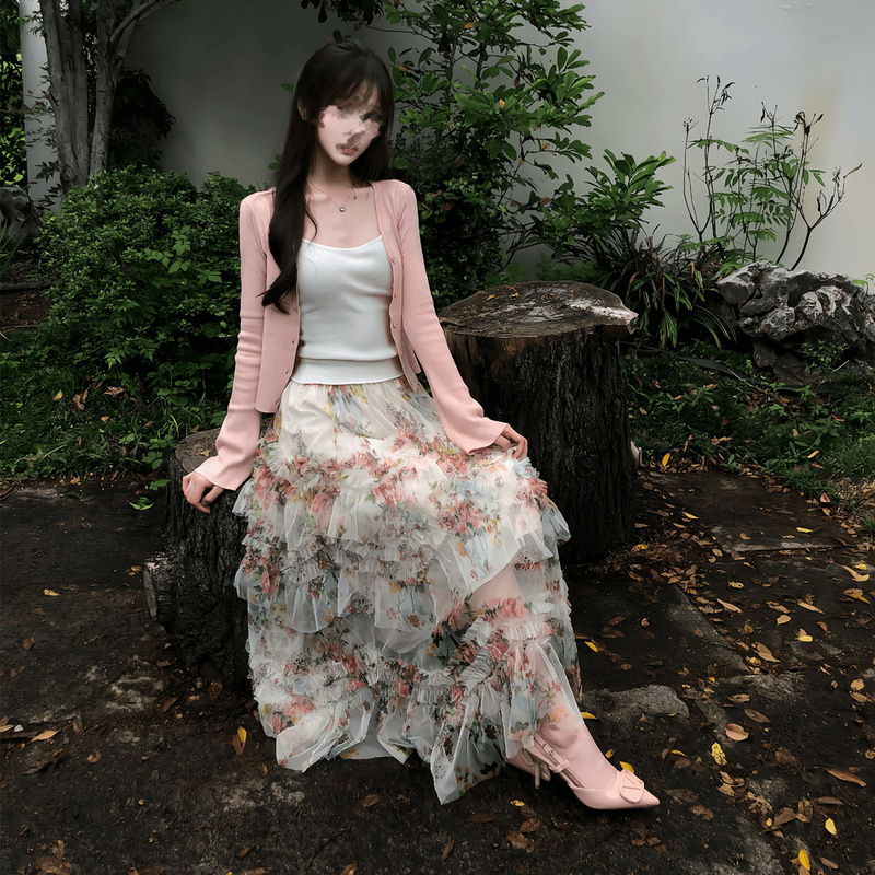 Heavy Beading, Irregular Hem, Rose Print Cake Skirt, French-Style Mesh Long Skirt, Women's Spring and Summer Puffy Skirt Heavy Beading, Irregular Hem, Rose Print Cake Skirt, French-Style Mesh Long Skirt, Women's Spring and Summer Puffy Skirt