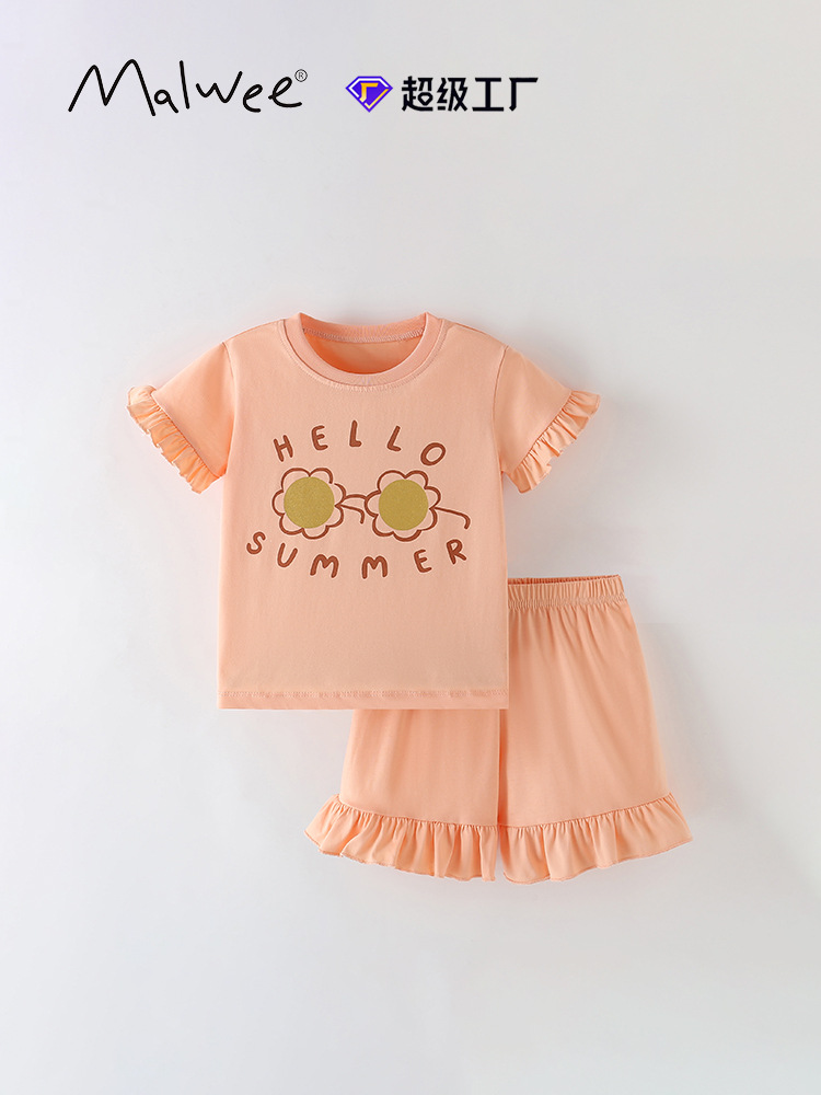 Traje de niña malwee transfronterizo verano nuevo estilo europeo y americano, camiseta de cuello redondo para niños pequeños y medianos, traje de dos piezas de manga corta para niños