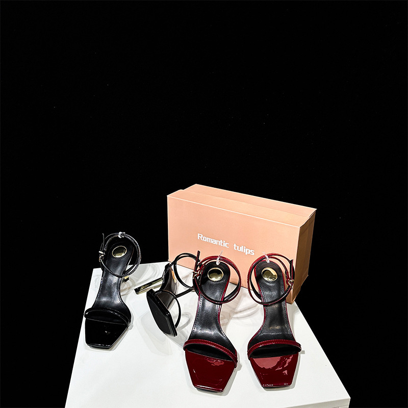 Fashionable Small Gold Strip High Heel Square Toe Sandals 2025 Spring and Summer New Simple Elegant One-word Sexy Open Toe Women's Shoes