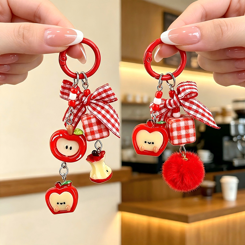 Japanese-style cute and sweet pom-pom bow beaded phone chain with Christmas red apple fruit pendant, bag charm, keychain