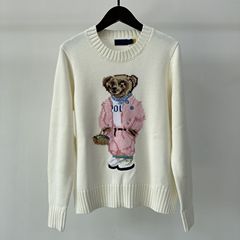 2025 秋 RL 刺繍ピンククマセーター手作りウールマシンラウンドネック長袖コットンセーター女性のトップ