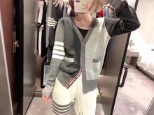 韩版TB羊毛混纺拼色针织衫学院风条纹宽松v领开衫甜妹四条杠毛衣