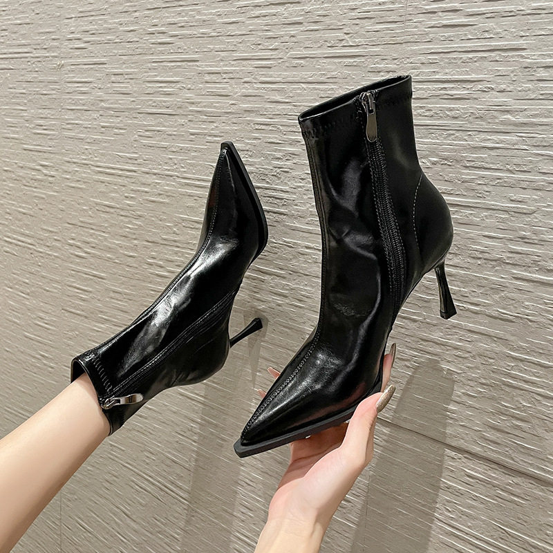 Bốt nữ ngắn mũi nhọn co giãn gót nhọn 6–8 cm, khóa kéo bên, lót nhung — Lớp lót nhung đen JH, Màu nâu lót nhung, Màu đen lót nhung, JH da đen