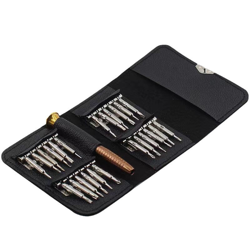 25-en-una bolsa de cuero traje destornillador, aleación de aluminio fuerte magnética cabeza de destornillador de alta calidad, multi-función de destornillador conjunto