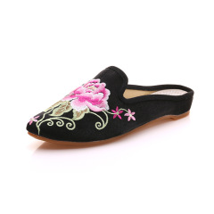 拖鞋  尖頭時尚休閒繡花拖鞋 一腳蹬休閒女布藝拖鞋涼拖夏季