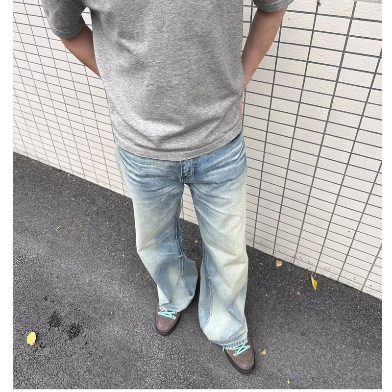 アメリカンハイストリートオリジナルカウシンプルAラインバージョンウォッシュブルーストレートルーズクリーンフィットフロアレングスジーンズメンズトレンディ|undefined