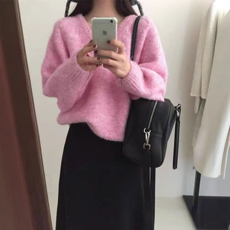 韩系秋冬新款套头毛衣女V领宽松休闲高级感软糯慵懒针织女装上衣|undefined