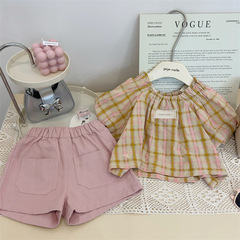 韓版童裝2024新款夏季女童格子泡泡袖上衣兒童洋氣粉色短褲兩件套