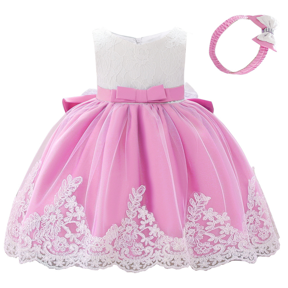 Vestido de bebé Amazon con lazo grande, vestido de novia de encaje, vestido de princesa, regalo para bebé de un año, diadema, superventas transfronterizo.