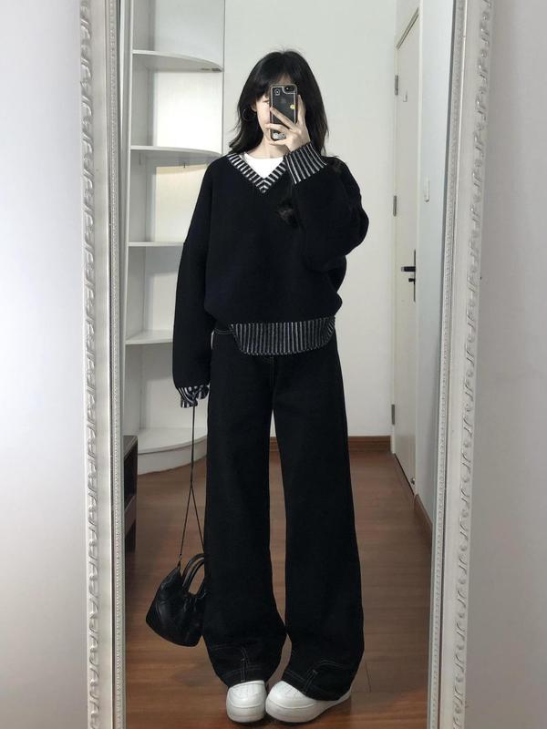 韩系独特设计感撞色条纹慵懒风毛衣女秋季外穿软糯复古套头上衣|undefined