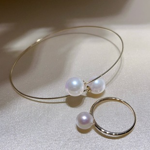 18K gold plain gold Japanese sea water akoya pearl 6.5-7mm light version ring 8-9mm cross bracelet suit