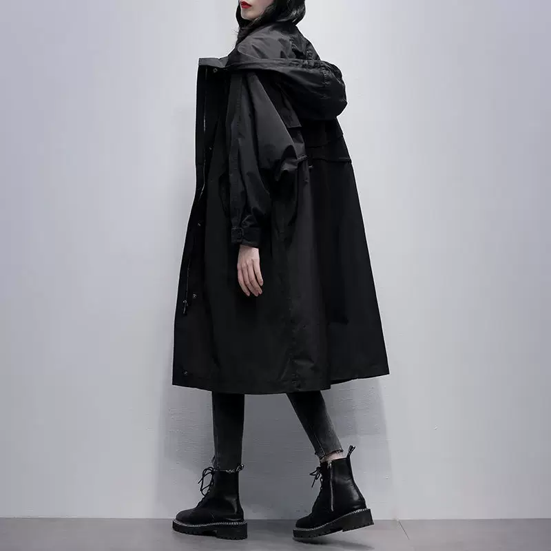 Осеннее черное плащ-пальто с капюшоном, куртка, корейский стиль, свободный крой