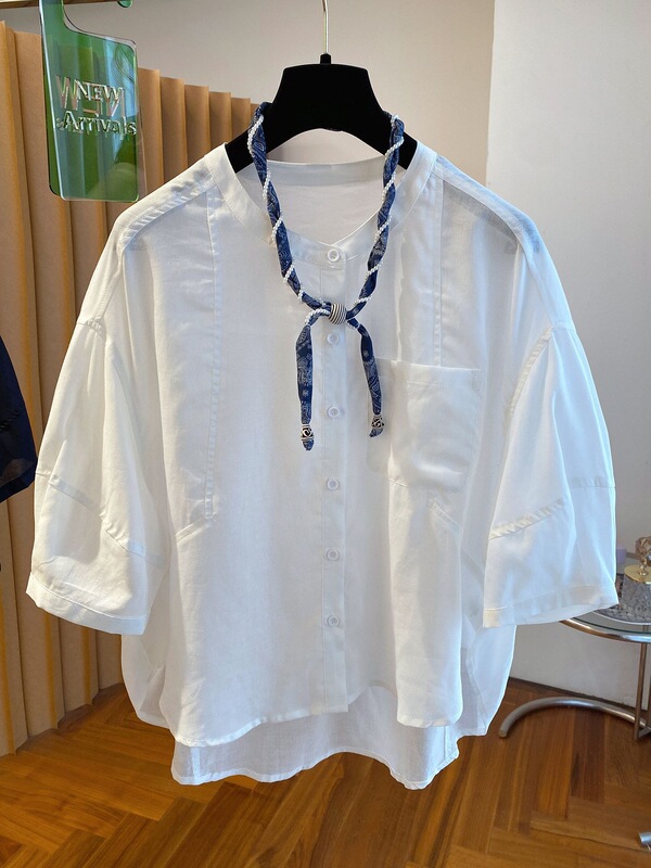New Style Lace-Up White Three-Quarter Sleeve Shirt for Women, New Loose-Fitting Versatile Top with Short Front and Long Back, Round Neck, Summer New Arrival
