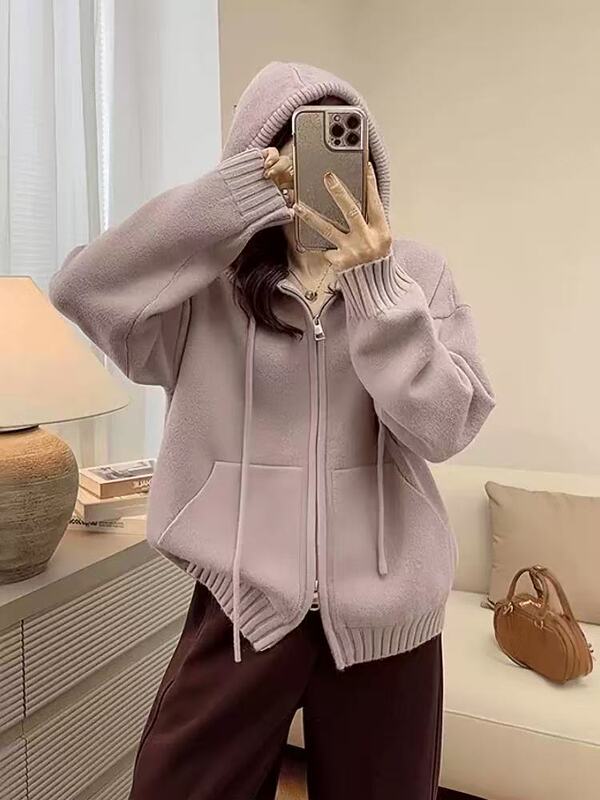 纯色连帽拉链毛衣外套女穿搭秋冬新款慵懒风感针织开衫上衣女|undefined