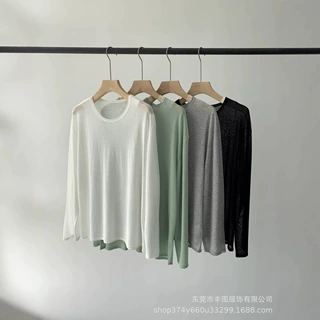 25夏季新款醋酸棉罩衫圆领长袖薄款百搭针织上衣休闲外穿防晒衫女