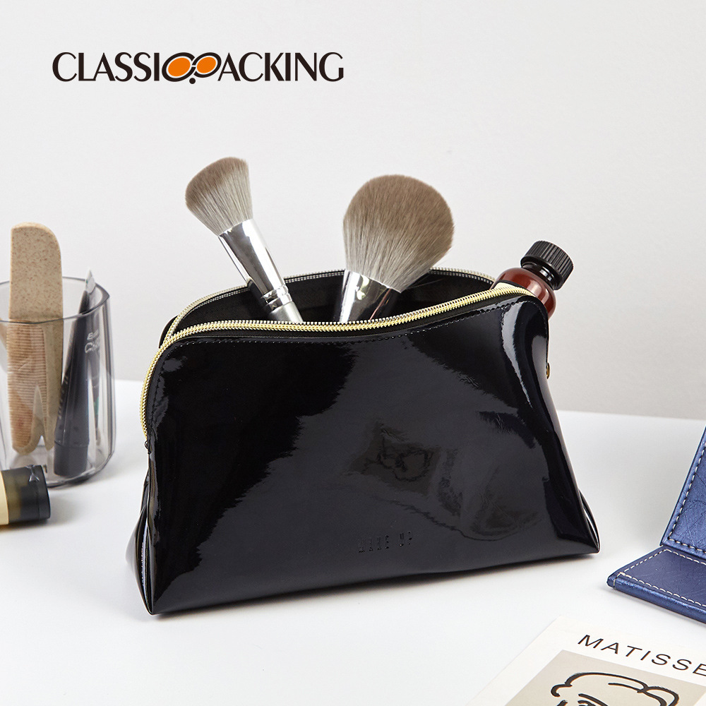 Bolsa de cosméticos negra simple Bolsa de lavado de material de cuero con espejo impermeable Bolsa de almacenamiento de cosméticos multifuncional de gran capacidad