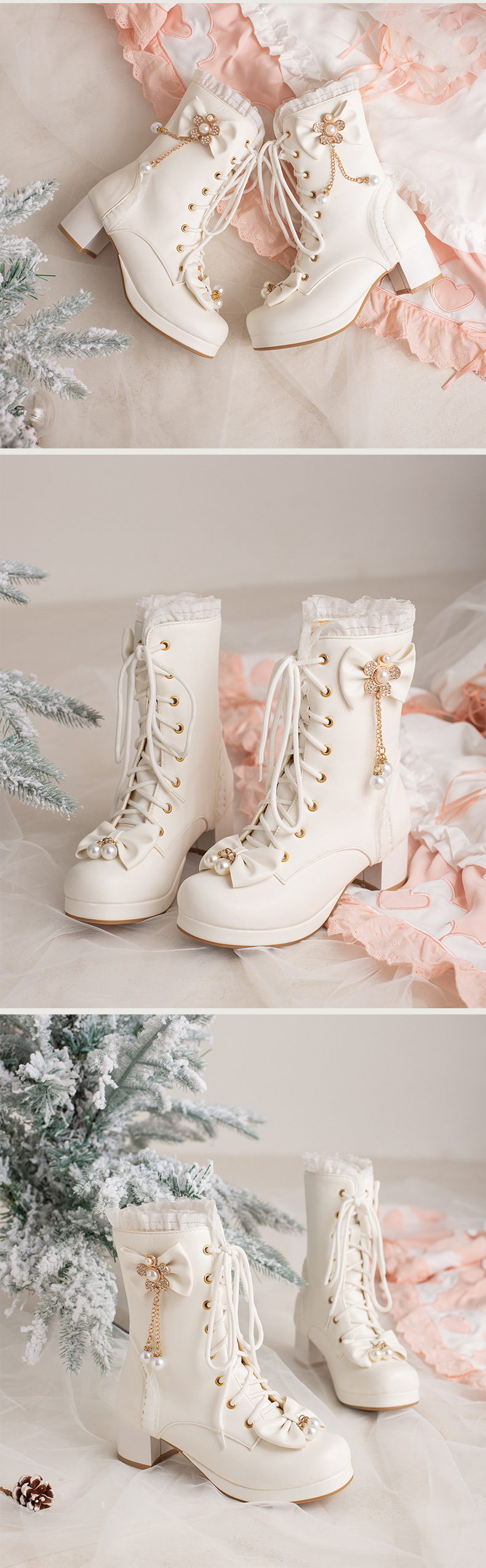 Female Bow Thick Heeled Short Boots Lolita Shoes