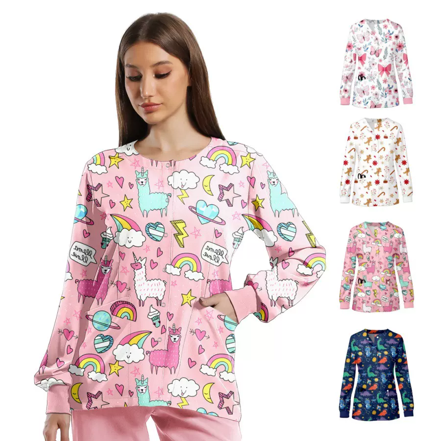 亚马逊新品印花洗手衣儿童牙科医院医疗服装女吸汗透气美容工作服